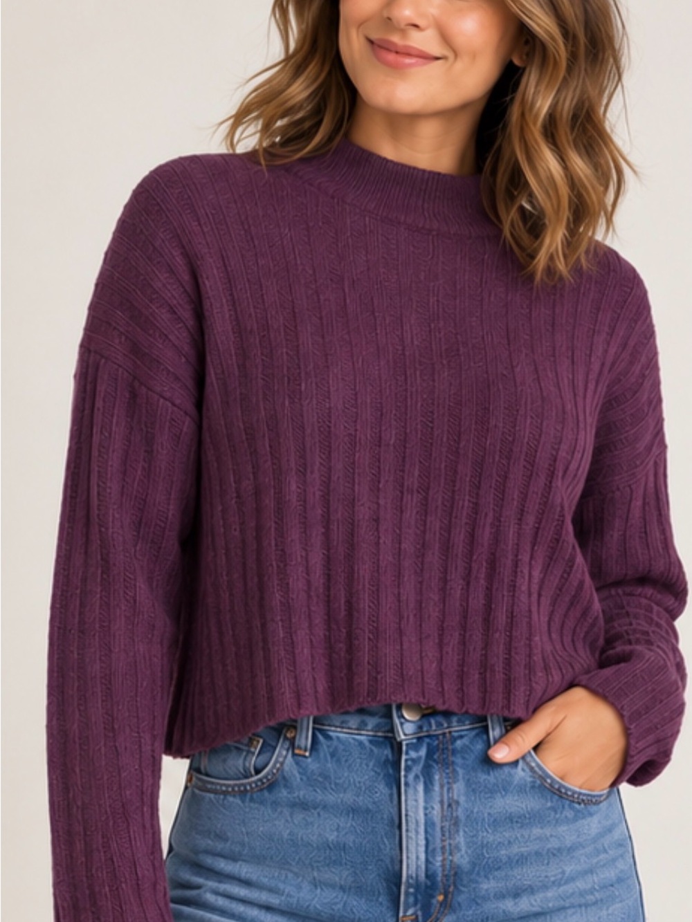 Madewell Mockneck Crop Sweater Heather Plum Purple Wool Blend Ribbed size Medium